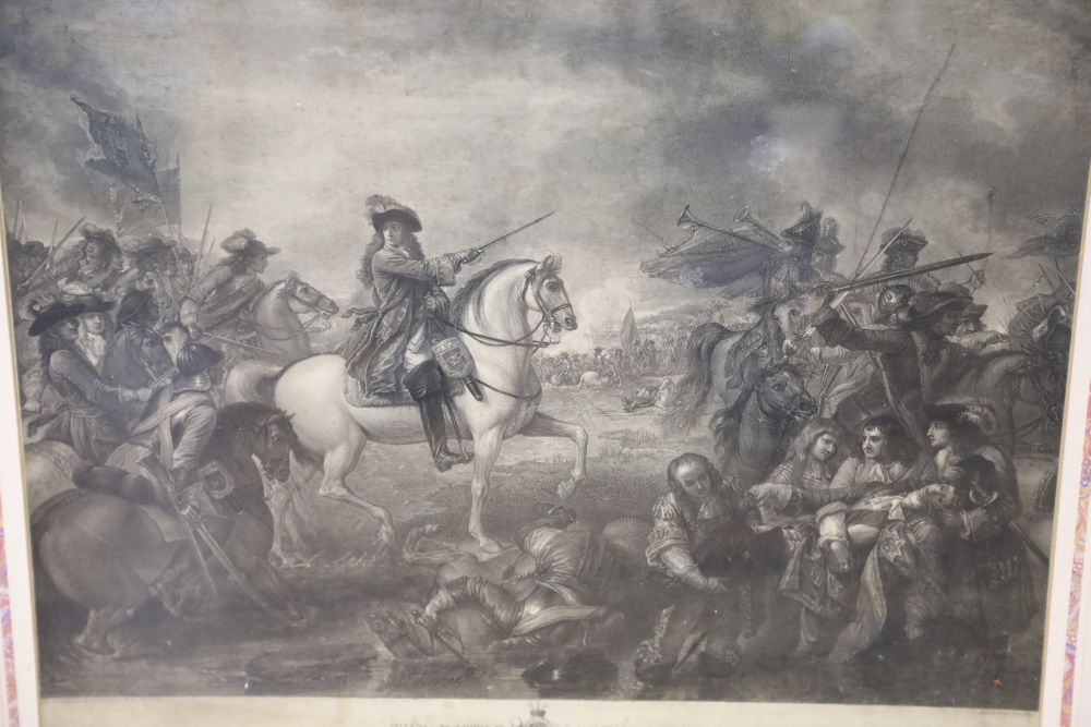 After Carlo Cignani, engraving, Adam and Eve, 61 x 43cm, in a Victorian maple frame and After Benjamin West, engraving, The Battle of t